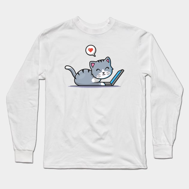 Cute Cat Working On Laptop With Coffee Cup Cartoon Vector Icon Illustration (3) Long Sleeve T-Shirt by Catalyst Labs